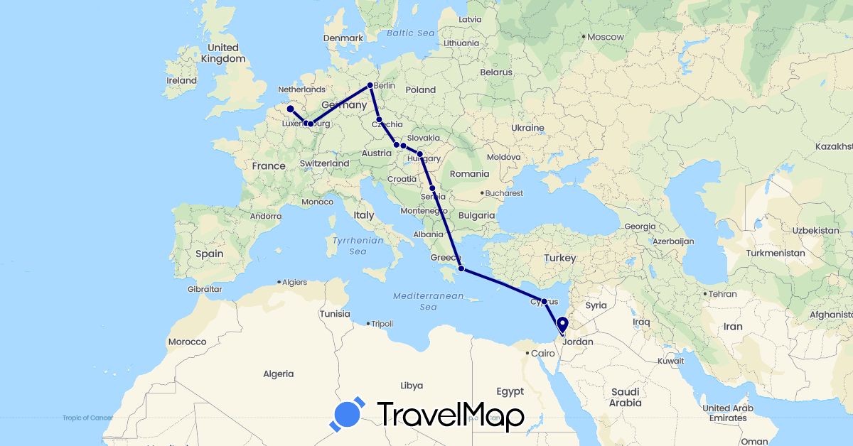 TravelMap itinerary: driving in Austria, Belgium, Cyprus, Czech Republic, Germany, Greece, Hungary, Israel, Luxembourg, Serbia, Slovakia (Asia, Europe)